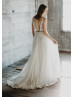 Sleeveless Ivory Lace Deep V Back Wedding Dress